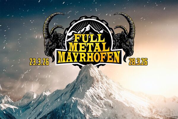 Visuel officiel du festival Full Metal Mayrhofen 2026, avec deux têtes de boucs, des montagnes enneigées et les dates du 23 au 28 mars 2026.